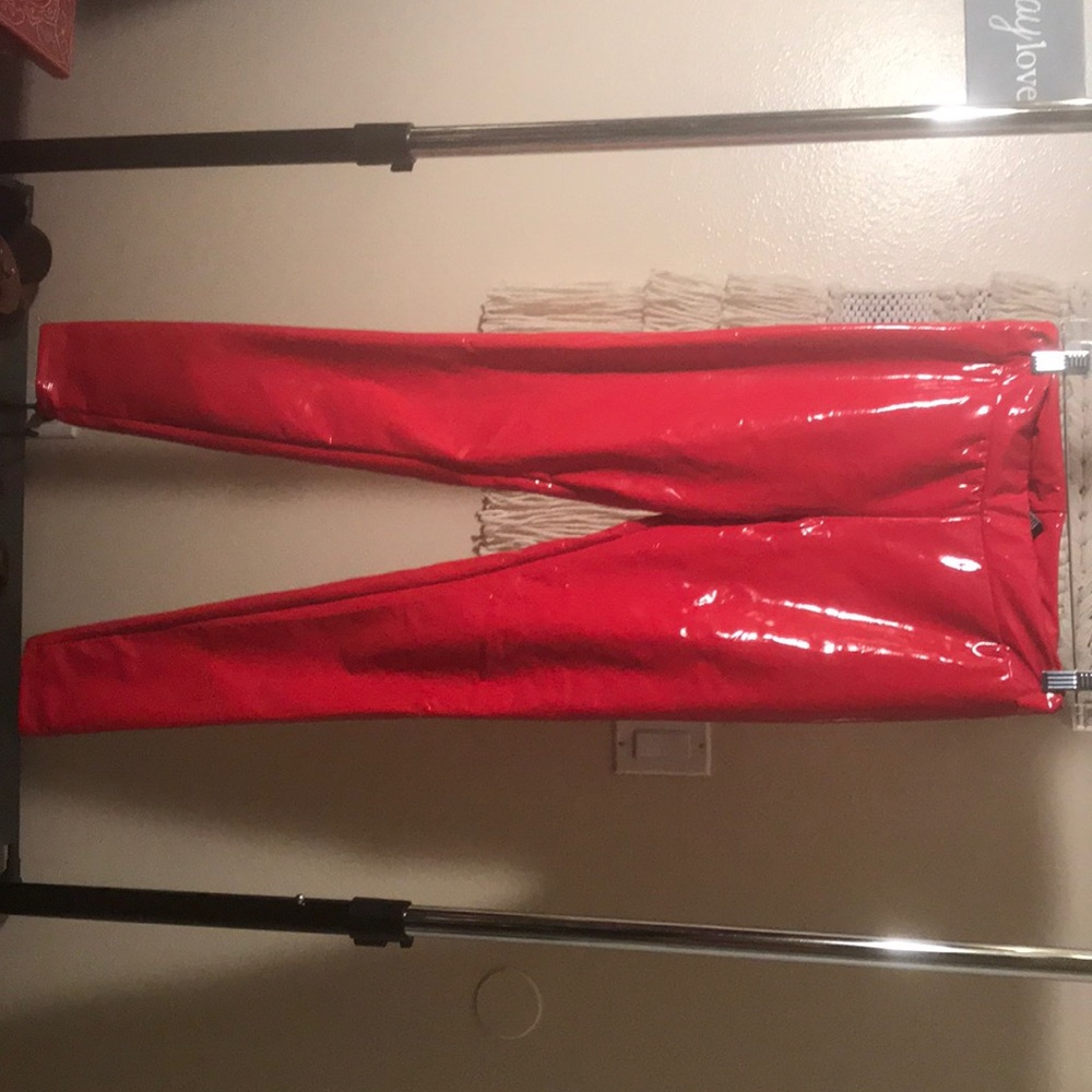 Red faux leather leggings